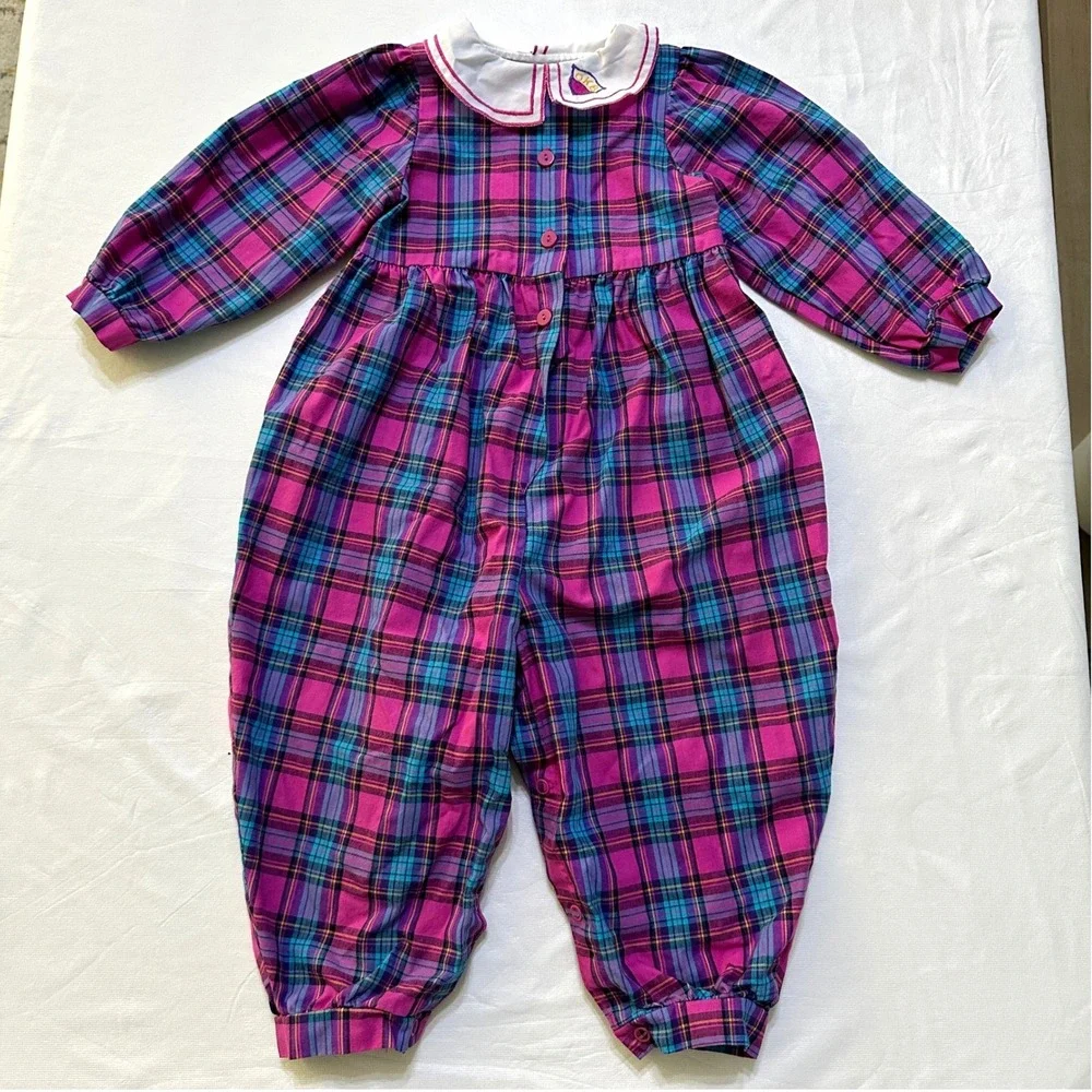 Vintage OshKosh B'gosh Baby Girl Plaid Romper 24M Pink 90s Made in USA Jumpsuit